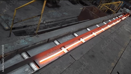 A red-hot metal reinforcement bar on a rolling mill at a metallurgical plant.