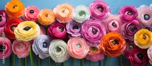 A stunning bouquet of hybrid tea roses in shades of purple  pink  and magenta are neatly lined up in a row against a vibrant blue background