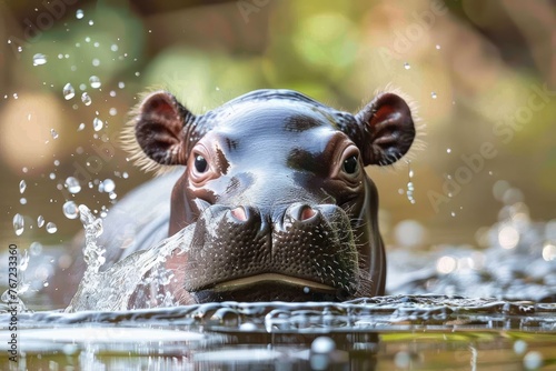 A baby hippo peeking out from the water its small ears flicking water droplets