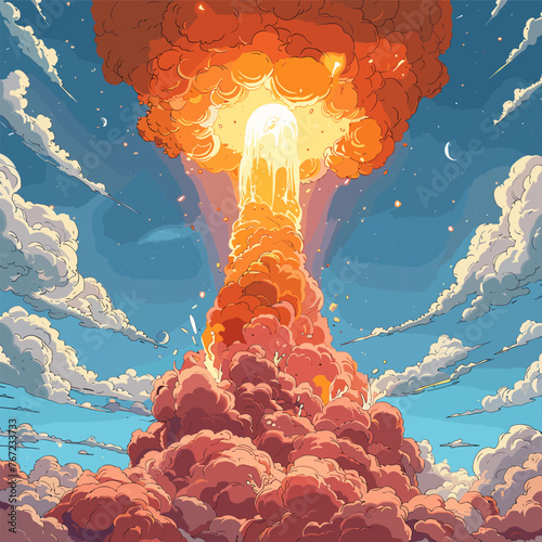 Big blast in cartoon style, fire explosion on blue cloudy sky background