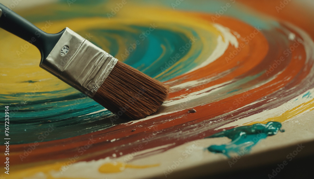 Close up of paint brush with acrylic paint on canvas with copy space Close up of paint brush with acrylic paint on canvas with copy space