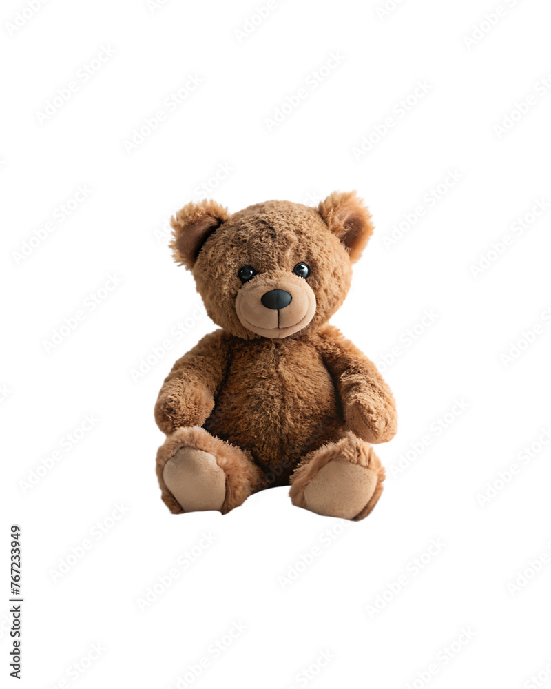 Obraz premium brown teddy bear in a felt hat sits on a white isolated surface, cute baby toy