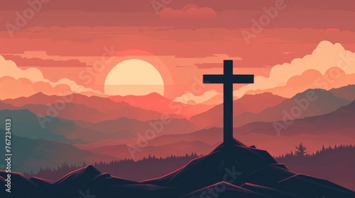 A serene sunset behind a cross on a hill with layered mountain silhouettes