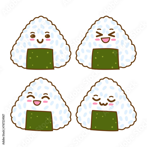 Set of cartoon onigiri with happy faces - cute illustration of traditional japanese food isolated on white background