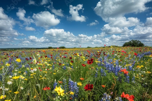 Vibrant Field of Blooming Wildflowers Under Bright Sky