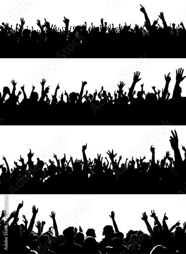 Crowd of cheerful people at concert black silhouette. Celebration party club people silhouettes, crowded sport fans panorama, festival spectators backgrounds © MicroOne