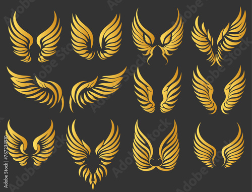 Golden wings for emblems symbols. Birds and angels gold plumage, eagle hawk falcon rising winged silhouettes clipart