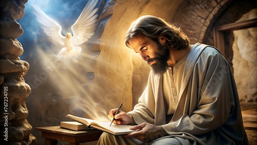 Apostle John on Patmos Writing Revelation Inspired by Holy Spirit