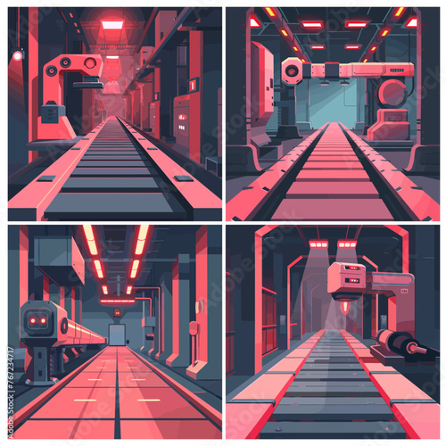 Industrial conveyor backgrounds. Factory production line with manipulators backdrops, automated moving belt technology illustrations