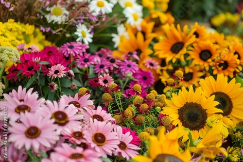 Bright Floral Array  Sunflowers and Pink Daisies in Bloom