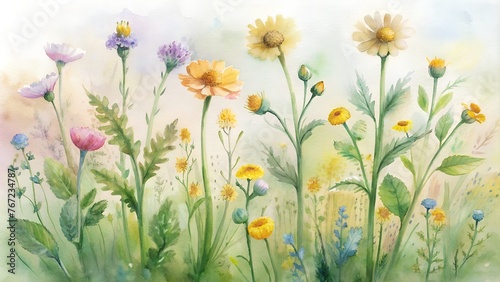 atercolor Illustration of Meadow Flowers - Tansy, Buttercups, Rapunzel, and Stellaria photo