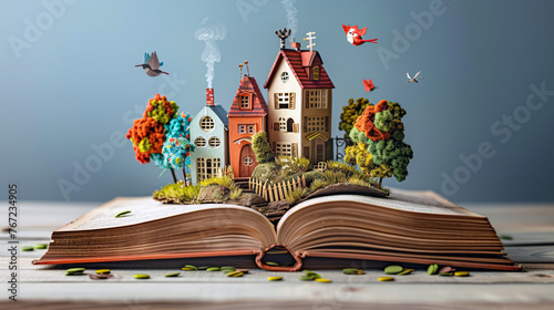 Open book with fairy tale houses and birds flying over the pages. © korkut82