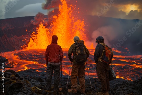 Explorers Hiking Near Lava Flows on Volcanic Terrain at Dusk