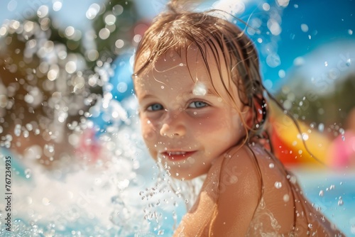 Summer Bliss: Youngster Enjoying Pool Splashes in Bright Sunlight