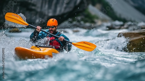 Kayaker navigating turbulent river © grape_vein