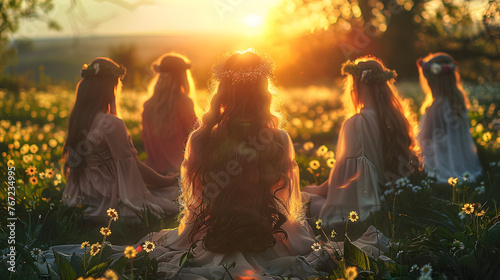 Witches' Spring Equinox Renewal Ritual in Nature. Spring Equinox Meditation by Women in Nature's Blossom