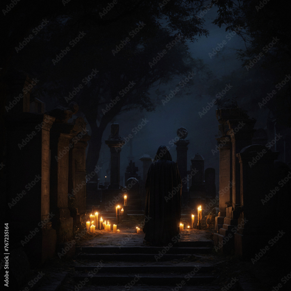 Exu Caveira Guardian Umbanda Camdomble Quimbanda Entity at Cemetery at Moon light