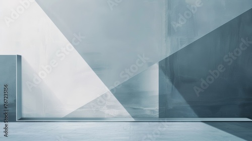 Soft light white abstract stage in elegant futuristic geometric style with simple lines and corners, polygons as background with white wood shelf for advertisement, presentation products, design.
