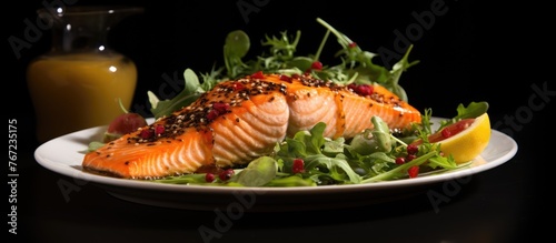 Plate of salmon and greens with lemon wedge