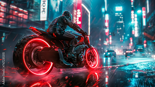Cyberpunk rider on a motorcycle in the city. 3d rendering.