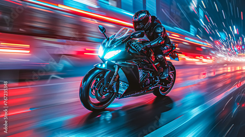 Motorcycle rider riding fast on the road with motion blur background. © korkut82