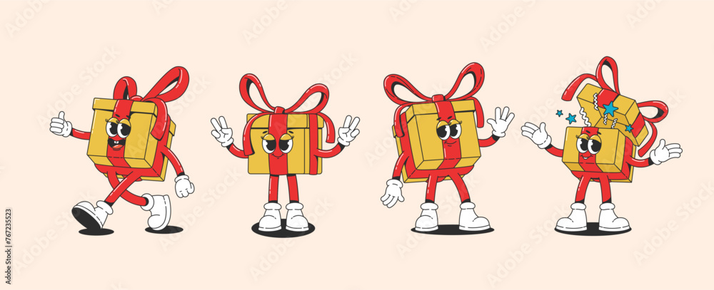 Groovy Present Box in retro style. Stickers for Happy Birthday. Vector illustration in y2k style. Groovy Present Box in retro style. Stickers for Happy Birthday. Vector illustration in y2k style.