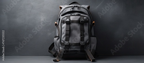 A close-up of a backpack with straps on a gray background photo