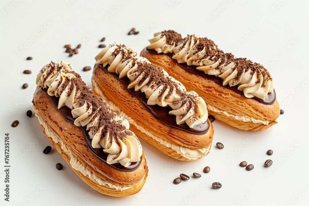 Three éclairs topped with a shiny chocolate glaze and decorated with whipped cream, isolated on white background. Three éclairs topped with a shiny chocolate glaze and decorated with whipped cream, isolated on white background.