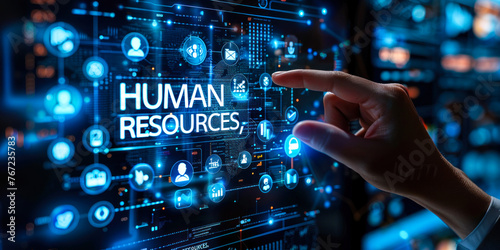 Business professional interacting with futuristic interface displaying icons and Human Resources, concept of using technology and data to streamline HR processes and workforce management