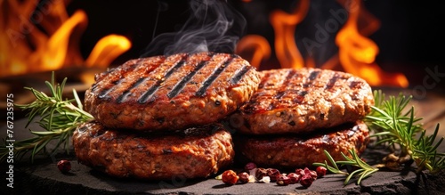 Hamburgers grilling on BBQ close-up