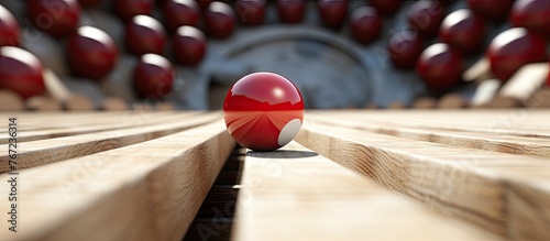 A red ball on a wooden bench in front of a building