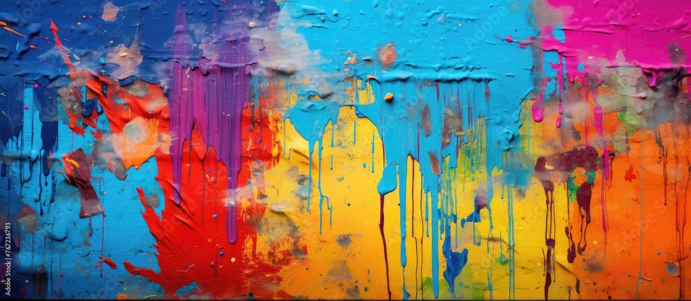 Obraz premium Paint dripping on wall with rainbow background