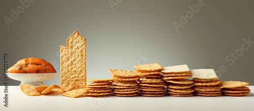A cracker surrounded by a stack of crackers and a bowl
