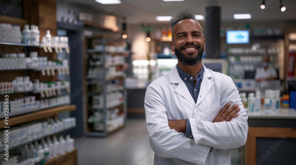Portrait of smiling friendly African American male professional pharmacist, arms crossed in lab whit