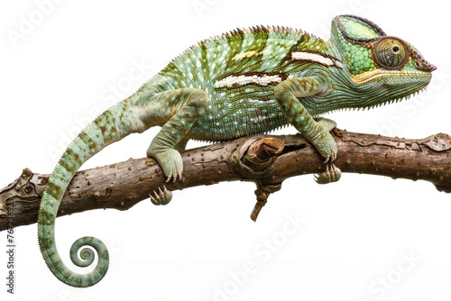 A chameleon on a branch against an isolated white background. A full-bodied green chameleon in the style of nature