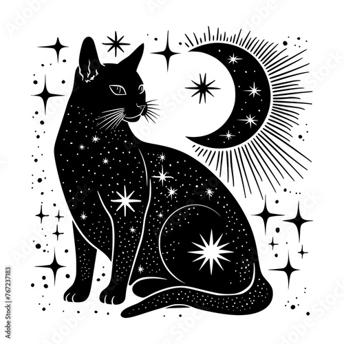 Illustration of a black cat with celestial elements like moons and stars, symbolizing mystique and the night sky.
