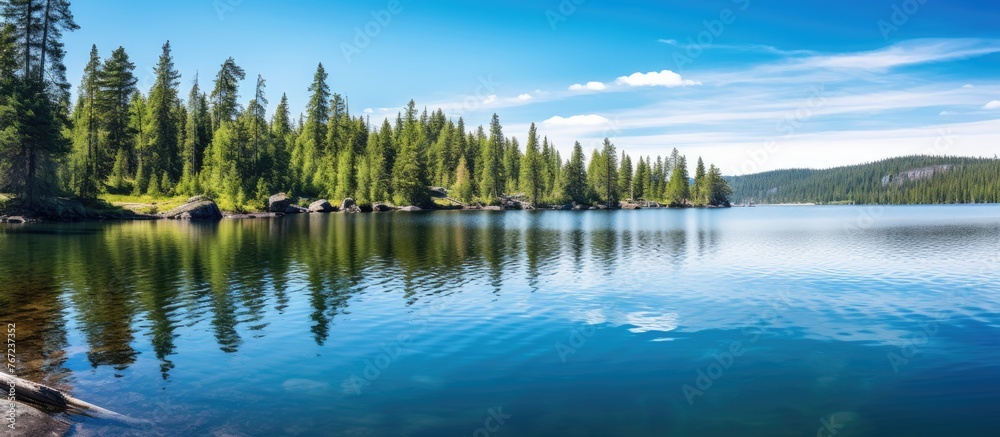 A serene lake with scattered trees in the background A serene lake with scattered trees in the background