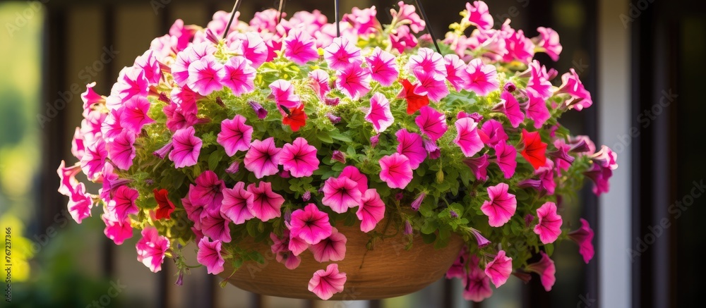 Pink flower basket on porch
