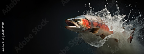 Salmon or trout jumping out of the water on a black background.
