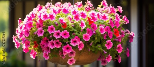 Pink flower basket on porch © Ilgun