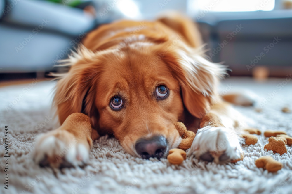 Golden retriever with a guilty expression lying on carpet surrounded by spilled dog treats. Guilty Puppy Lying Among Scattered Treats