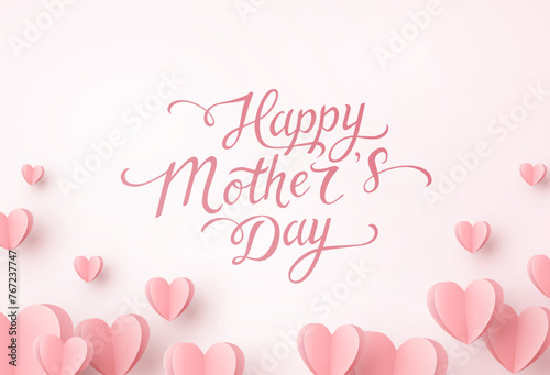 Mother's day postcard with paper flying elements and calligraphy text on light pink background. Vector symbols of love in shape of heart for greeting card, cover, label design