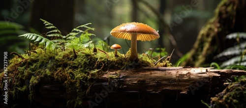 Mushrooms on a log in a forest surrounded by ferns