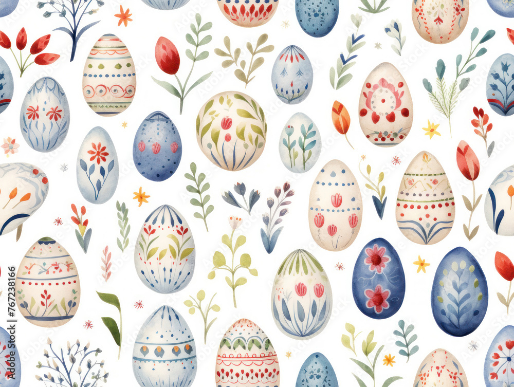 Seamless Easter pattern with painted eggs and herbs in watercolor paint style on a white background. Seamless Easter pattern with painted eggs and herbs in watercolor paint style on a white background.