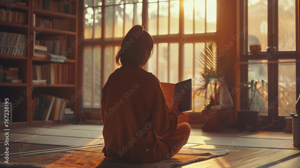 Woman reading in traditional room Woman reading in traditional room
