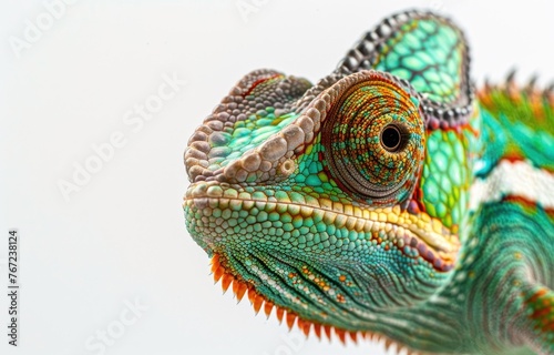 A chameleon on a branch against an isolated white background. A full-bodied green chameleon in the style of nature © inthasone