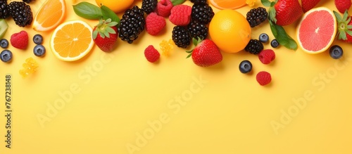A close up of a variety of fruits on a yellow background