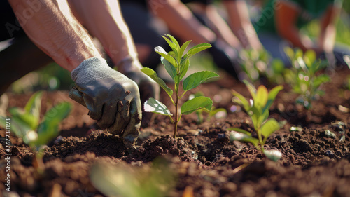 Close-up of hands planting seedlings in soil.
