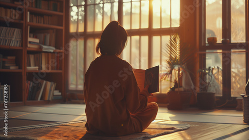 Woman reading in traditional room