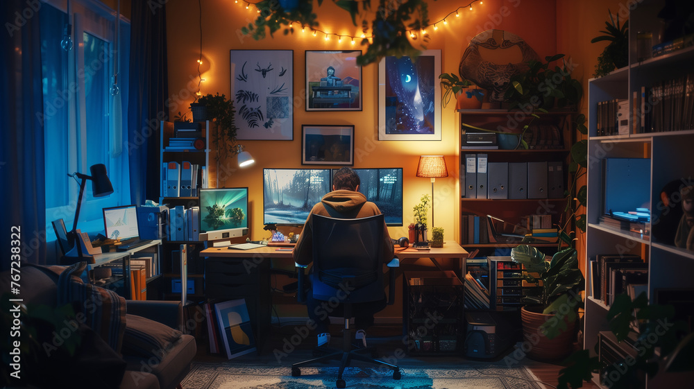 Person at a multi-monitor desk setup.work from home Person at a multi-monitor desk setup.work from home